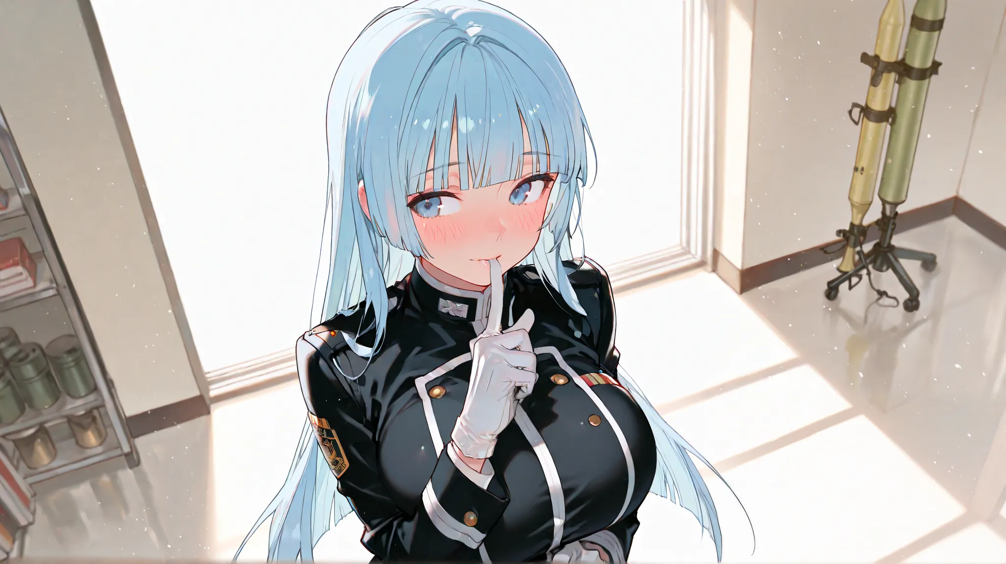 masterpiece, best quality, score_9, score_8_up, 1girl, solo, (blunt bangs:1.2), (hime cut:1.3), (long straight light blue hair:1.4), light blue eyes, huge breasts, black uniform, white gloves, standing up, centered, high angle, background is officer's room...