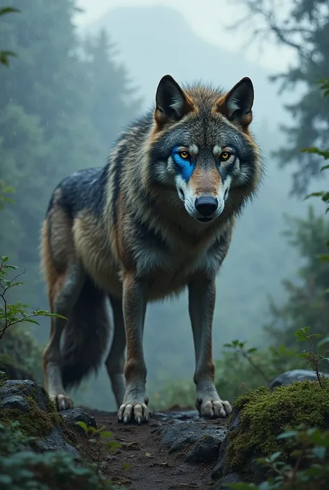 Broncho wolf with blue eye scar on the right eye on a mountain, rain forest and dense fog 