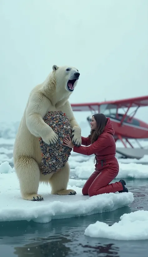 Surrounded by ice, in the middle of the sea, a polar bear is standing on the ice. Its belly is covered with many barnacles, and it is crying out in pain. A woman in a red outfit is cleaning the barnacles off the bear’s belly with her hands. A small red pla...