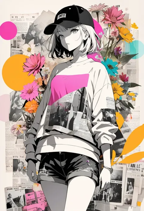 (masterpiece, best quality),(double exposure: 1.1),newspaper print collage depicting,Solo,girl,20yo,is surrounded by various flowers symbols,wearing baseball-cap and grunge-fashion,shorts,splash color, collage art, contemporary artistic collage,