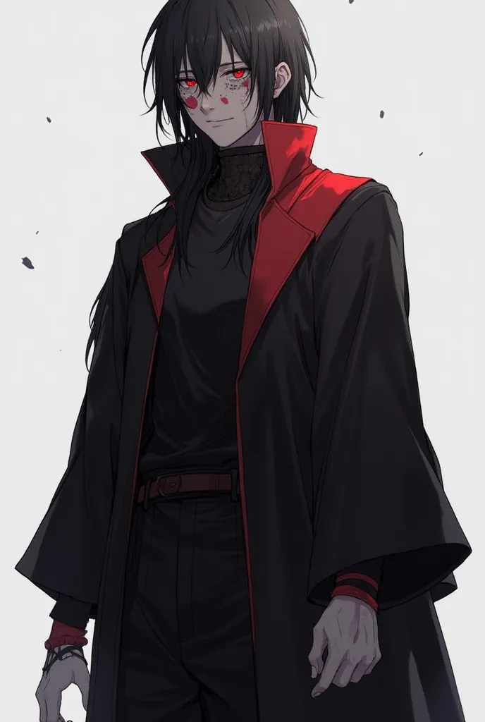 man, He has dark hair, very black and a bit messy and a bit large in size, He wears a black and red overcoat, all his clothes and so the character is cool, He looks sick (black soot under the eyes and on the neck and red spots on his face,He has dark pants...