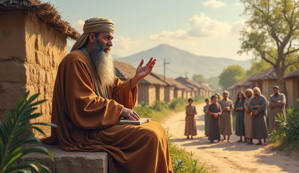 An islamic scholars sitting on higher place under the tree and teaching his students beside the road which is surrounded by huts and small plants. 