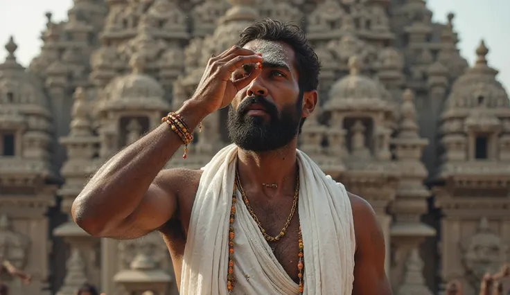 a portrait Tamil Brahmin priest wearing a white dhoti with a sacred thread, applying vibhuti (holy ash) on his forehead, standing in front of a temple.