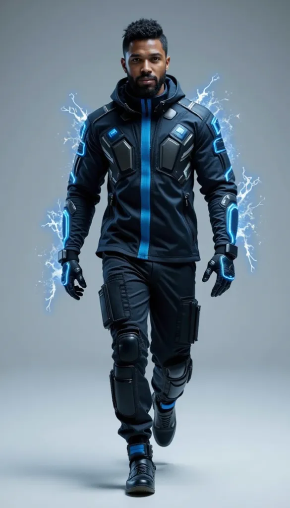 (Appearance: Middle-aged: African descent: Hair: Short and well-groomed American style. Beard: Well-groomed, but with a defined style, like a gradient. Uniform: Black and blue technological jacket with luminescent details. Gloves with energy circuits. Rein...