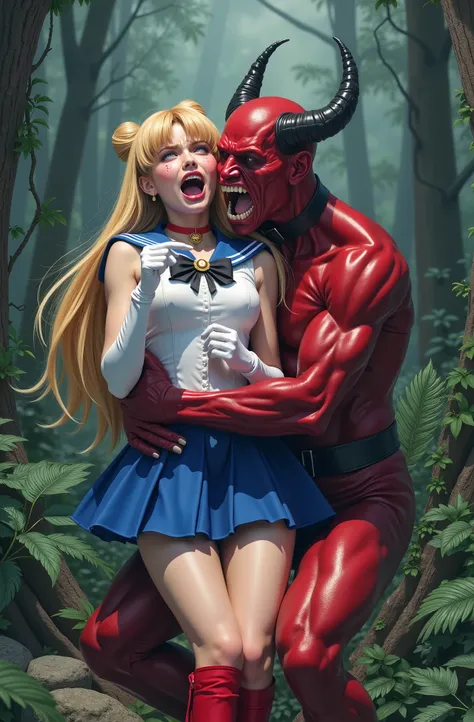 Hyperrealism, masterpiece, highest quality, A young Japanese woman is sitting on the devil lap, ((she is crying and screaming in pain)), tears from her eyes, painful face, she is wearing a Sailor Moon costume, Blue sailor collar, Blue short mini pleated sk...