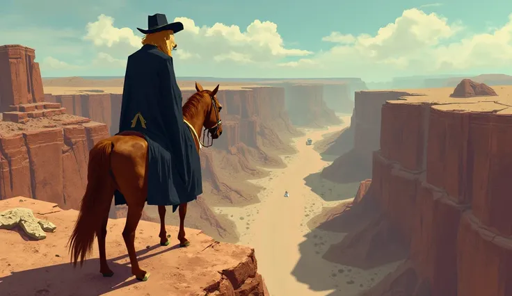 in the style of a 1970s Italian western, at the top of a canyon, camera up high, an anthropomorphic golden retriever, furry character, dressed as a bounty hunter cowboy, dark blue clothes, long coat, hat, on his brown horse, looks out over a cowboy village...