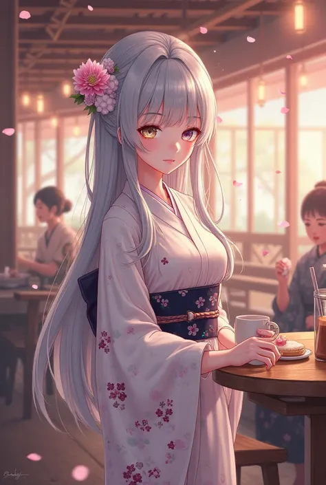 Silver Haired Kimono Waitress Long Hair Cafe Background Animated Illustration Very Beautiful Odd Eye