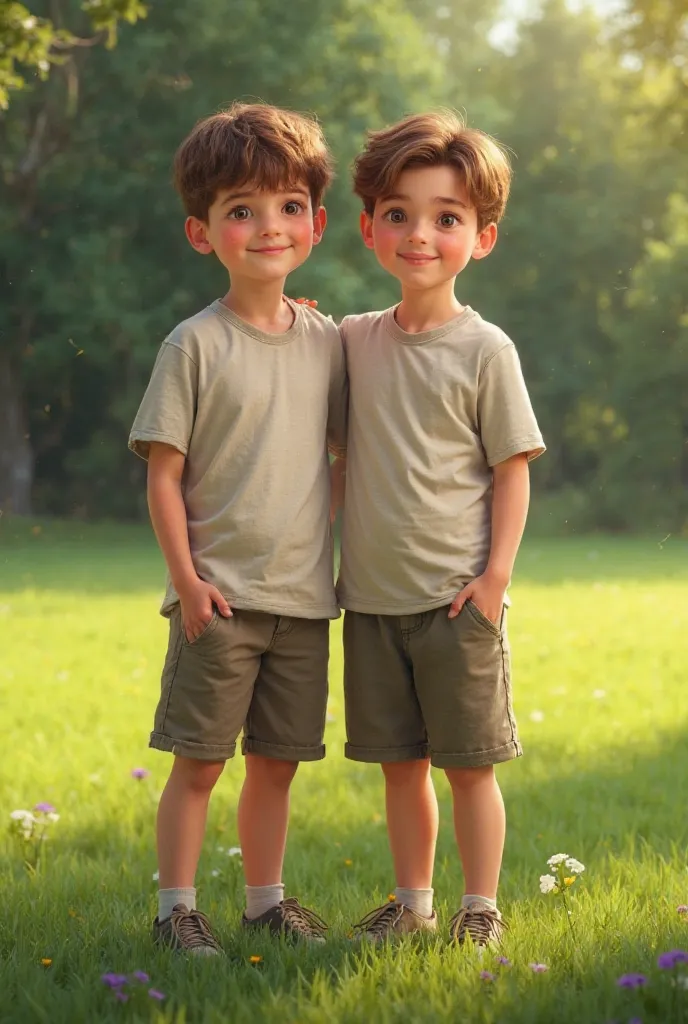 two twin brothers of Ukrainian nationality, , are standing on a green lawn