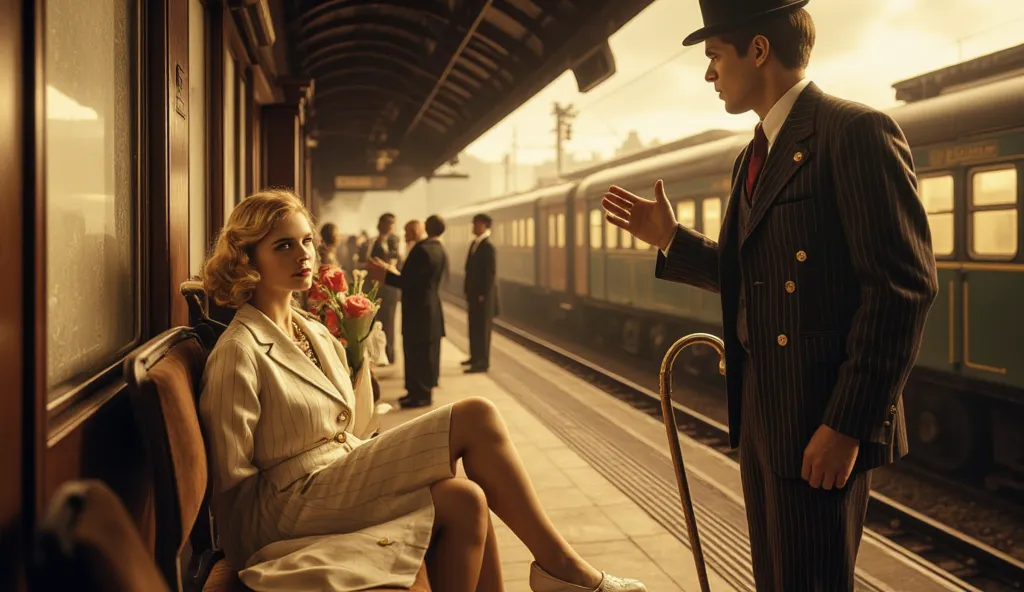 cinematic scene set at a 1930s Parisian train station as a steam-powered locomotive begins to pull away from the platform. Inside one of the vintage train carriages, a young woman waves through the foggy window toward her beloved standing on the platform b...