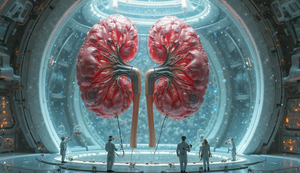 A massive human ney, covered in pulsating biomechanical tubes, is suspended in a liquid-filled containment sphere, attached to a futuristic dialysis system. Miniature scientists, operating tiny mechanical cranes, are implanting self-healing biochips that e...