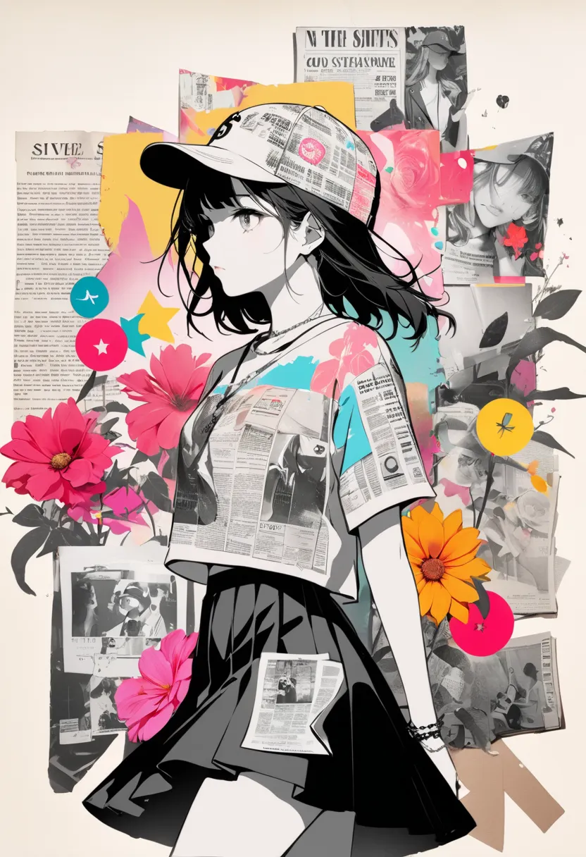 (masterpiece, best quality),(double exposure: 1.1),newspaper print collage depicting,Solo,girl,16yo,is surrounded by various flowers symbols,wearing baseball-cap and grunge-fashion,skirt,splash color, collage art, contemporary artistic collage,