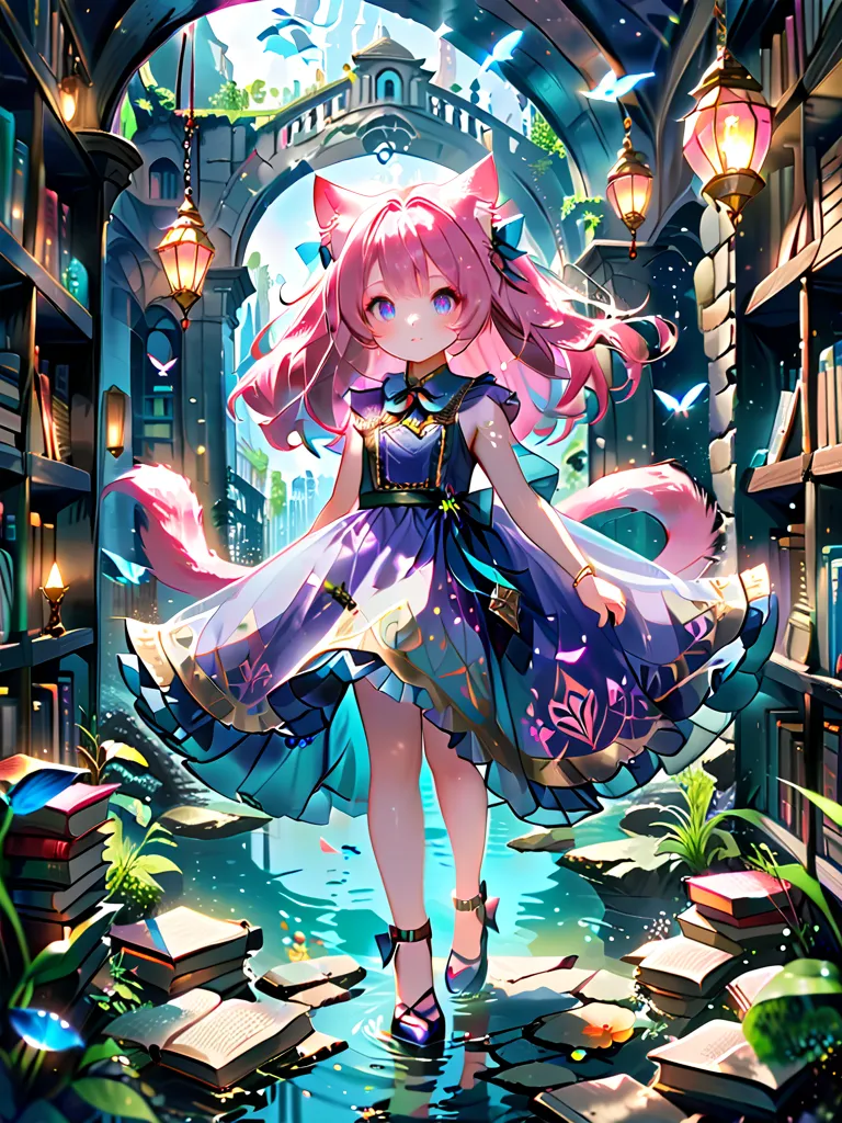 anime-style illustration of a beautiful girl with expressive eyes and highly detailed hair, 
detailed background of a fantasy city, but slightly blurred to emphasize the character, 1 cat girl, (pink bob hair), (cat ears), (violet eyes), chiffon skirt, 
pas...