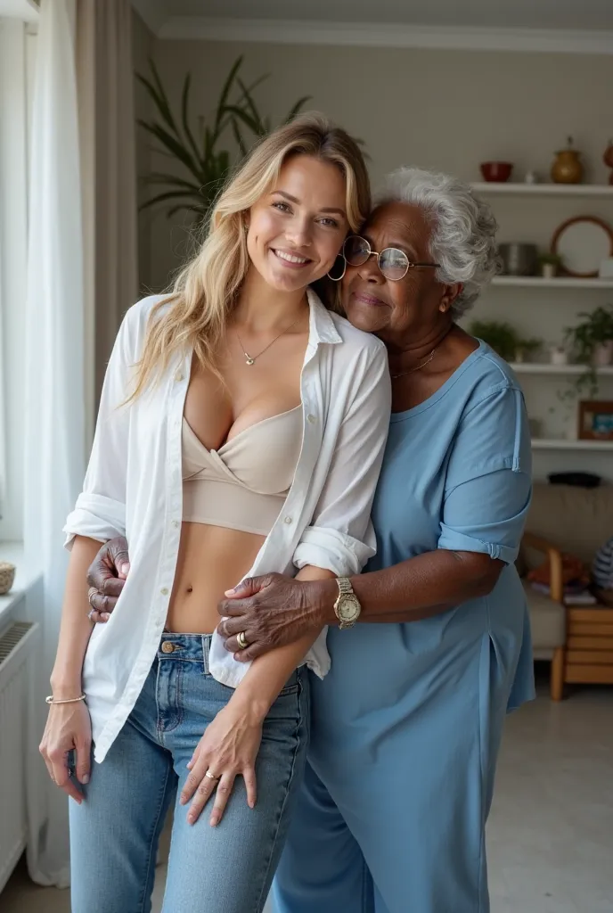 Create a photo of a 30-year-old white woman,  with a slender and beautiful body ,  with hoop earrings , wearing jeans and an open white shirt without a bra with her breasts showing,  with fair white skin , with long light hair and being picked up and carri...