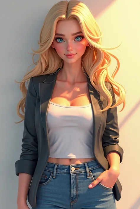 In a 3D manga style, a beautiful 20-year-old blonde with blue eyes, dressed in jeans, of a white low-cut T-shirt and a suit jacket has a comforting attitude.
