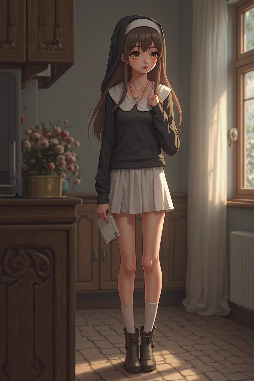 Upset girl in, age 12  , long hair, Colossal , looks at the notebook , hair of different colors ,  bare shoulders, eyes of different colors,  jewel , whole body, necklace,  lowered from their shoulders , Sweaters, realistic, sexy, small breasts, wet skinny...