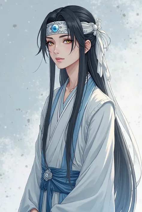 Build: Lean, slender, with a graceful yet strong frame. young man. strikingly long, straight black hair falls past his waist. His hair is neatly styled and partially pulled back, adorned with a silver and blue jeweled headpiece incorporates a long, flowing...