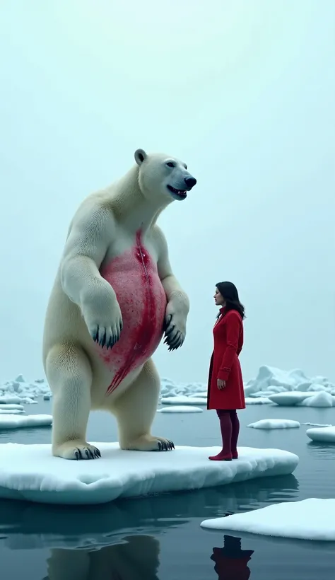 Surrounded by ice, in the middle of the sea, a polar bear is standing on the ice. Its belly has red wounds, and it is crying out in pain. A woman in a red outfit is standing next to the polar bear.  
The image should look realistic and be in 4K.