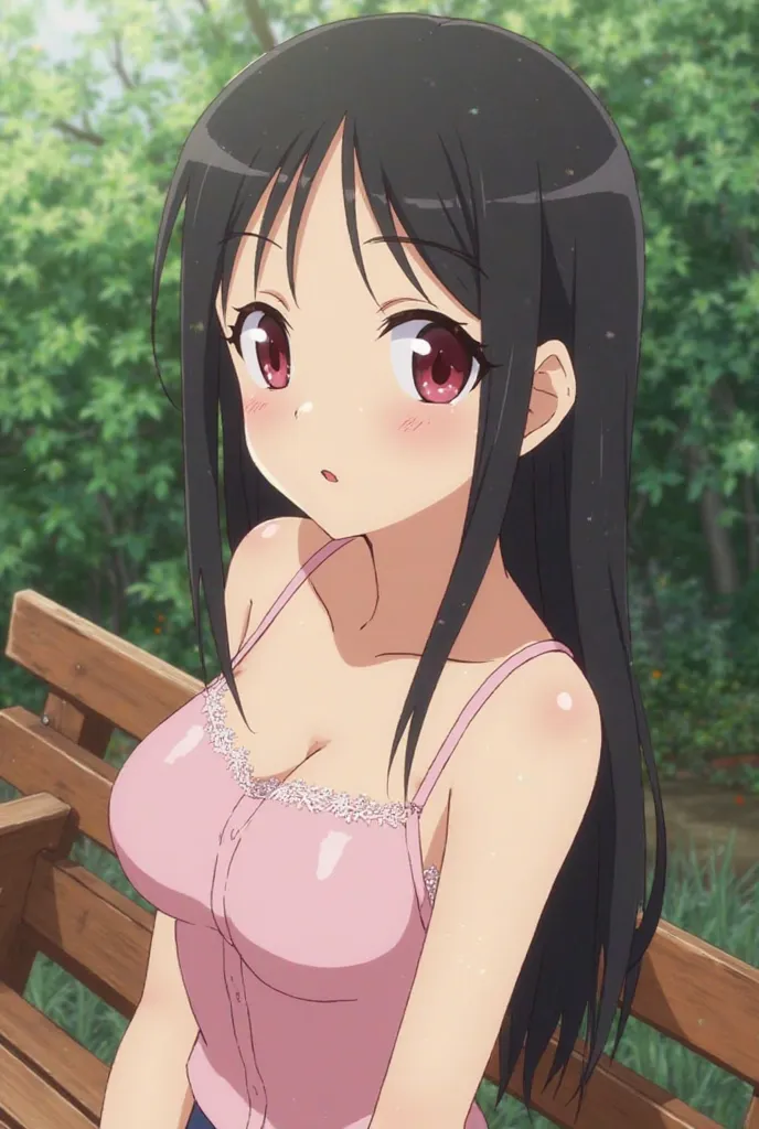 Kaguya Shinomiya from Kaguya-sama: Love Is War, wearing a casual, light pink tank top with thin spaghetti straps and lace trim along the neckline. She is sitting on a wooden bench in a garden, looking over her shoulder with a surprised expression. She has ...