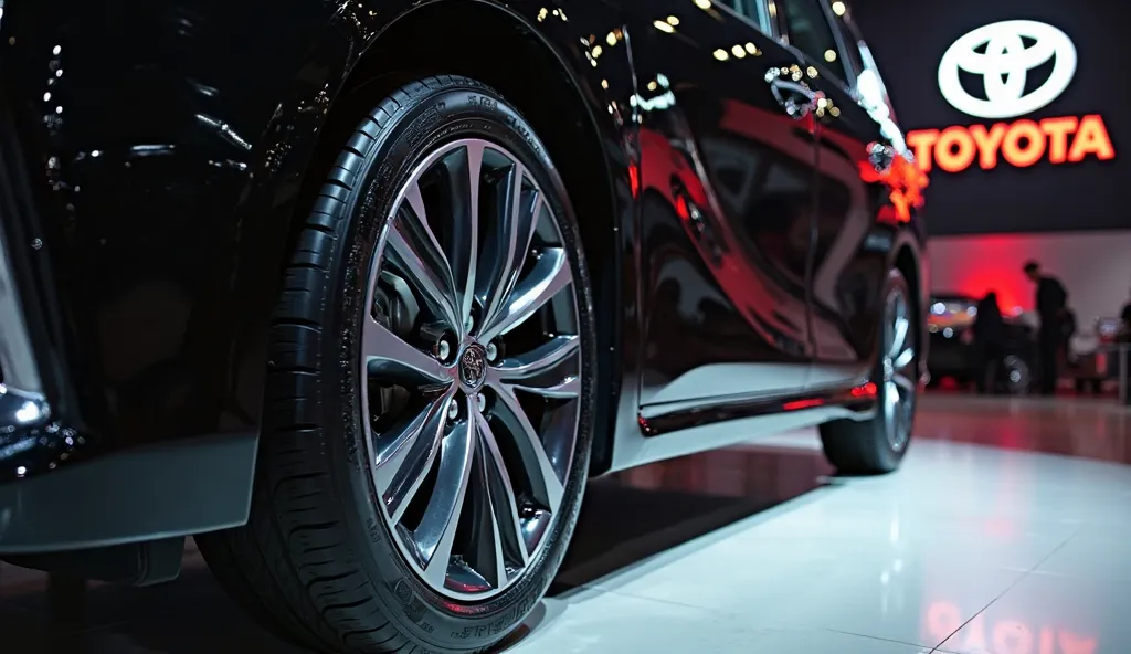 "A high-resolution close-up image of the New 2026 Toyota Estima’s wheels, showcasing the intricate premium alloy design and tire details. The black body of the car is subtly visible in the background. The luxury showroom lighting highlights the metallic fi...