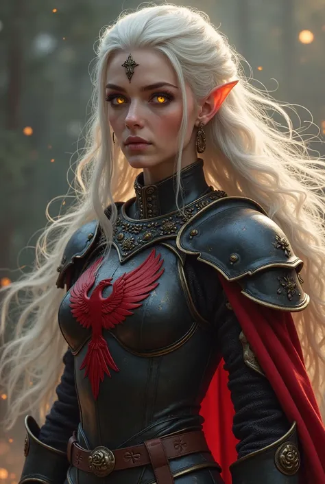 Picture a handsome elf from the world of warcraft, long white hair, that develop in the wind.  long elven ears . The eyes are glowing with golden light,  is like magic . She is wearing black red armor, and there's a red phoenix on my chest. Picture a femal...