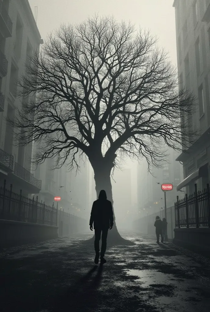 Create a book cover named: I'm looking for me. And do it black and white with a tree in a dark city.