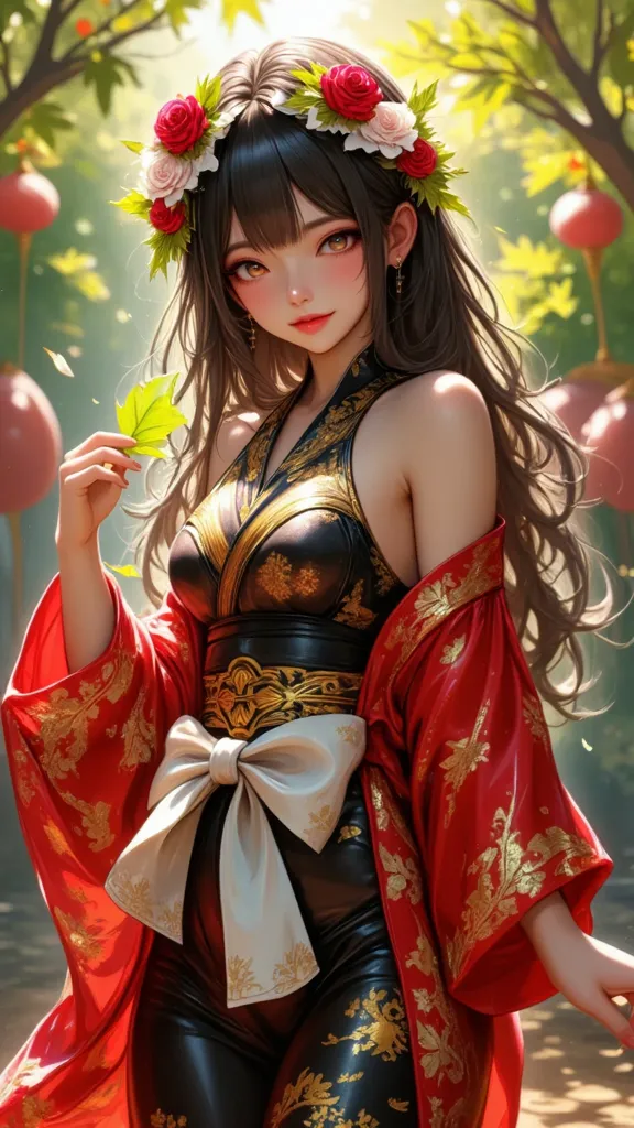 The image depicts a vibrant and colorful scene with a young woman dressed in traditional Japanese attire. She is wearing a red and black kimono adorned with intricate patterns and a large white and gold bow at the waist. Her hair is long and dark, styled w...