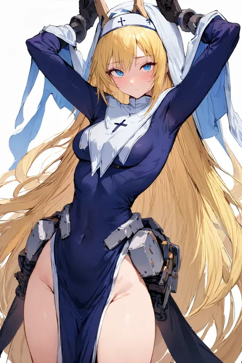 Rapunzel (Nod),  blond hair, Hi-Res, 1 girl,   nun,   blue eyes, habit, Extremely long hair and underarm hair,  stare at the viewer with arms and legs spread out, Absard Dress, black gloves, standing, white background,   reinforced exoskeleton, simple back...