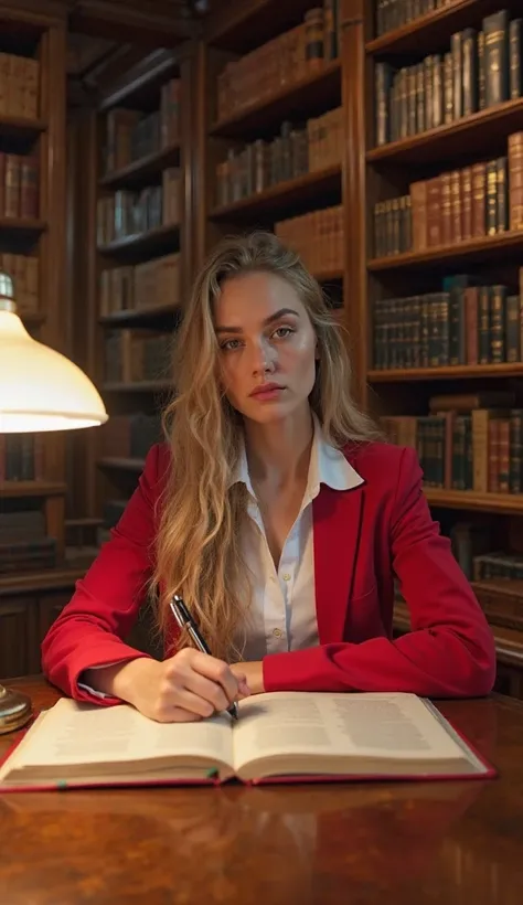 "A young woman sitting at a wooden desk in a classic library, surrounded by tall wooden bookshelves filled with books. She is wearing a red blazer with a white collared shirt, holding a pen and writing in an open book. Her expression is calm and focused, w...