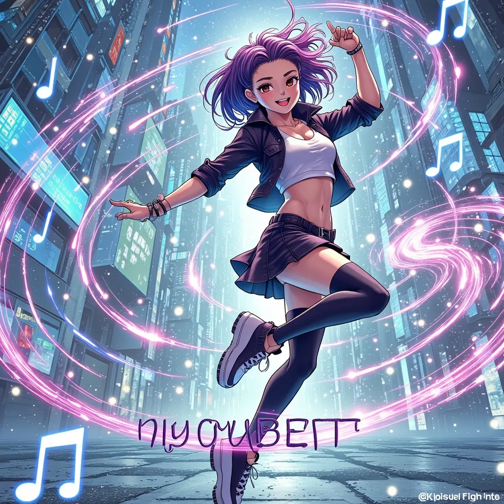 Anime-style illustration of a dancer mid-motion, surrounded by swirling lights and music notes glowing around them like energy waves. Their expression is pure joy and confidence, with every movement radiating power and individuality. The background is a st...