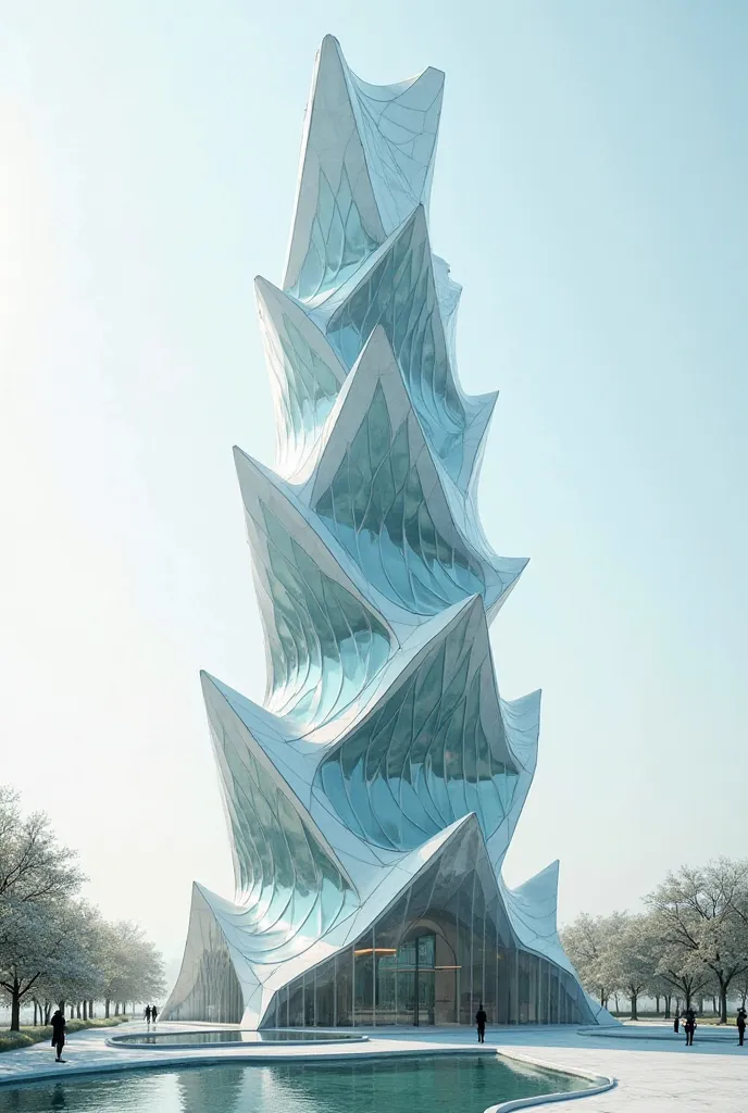  Glass tower with curves surrounded by an origami shell 