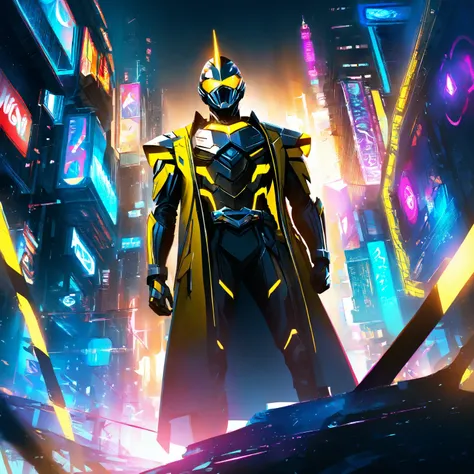 high resolution, Ambient dark city, near angle, anime atmosphere , fantasy style, digital painting, dramatic lighting, vivid colors, pose, Tokusatsu yellow