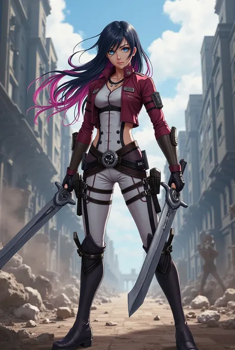 Anime "attack on titan", girl, tall, black hair with pink streaks, blue eyes, weapon - paired swords, in the background of a fight