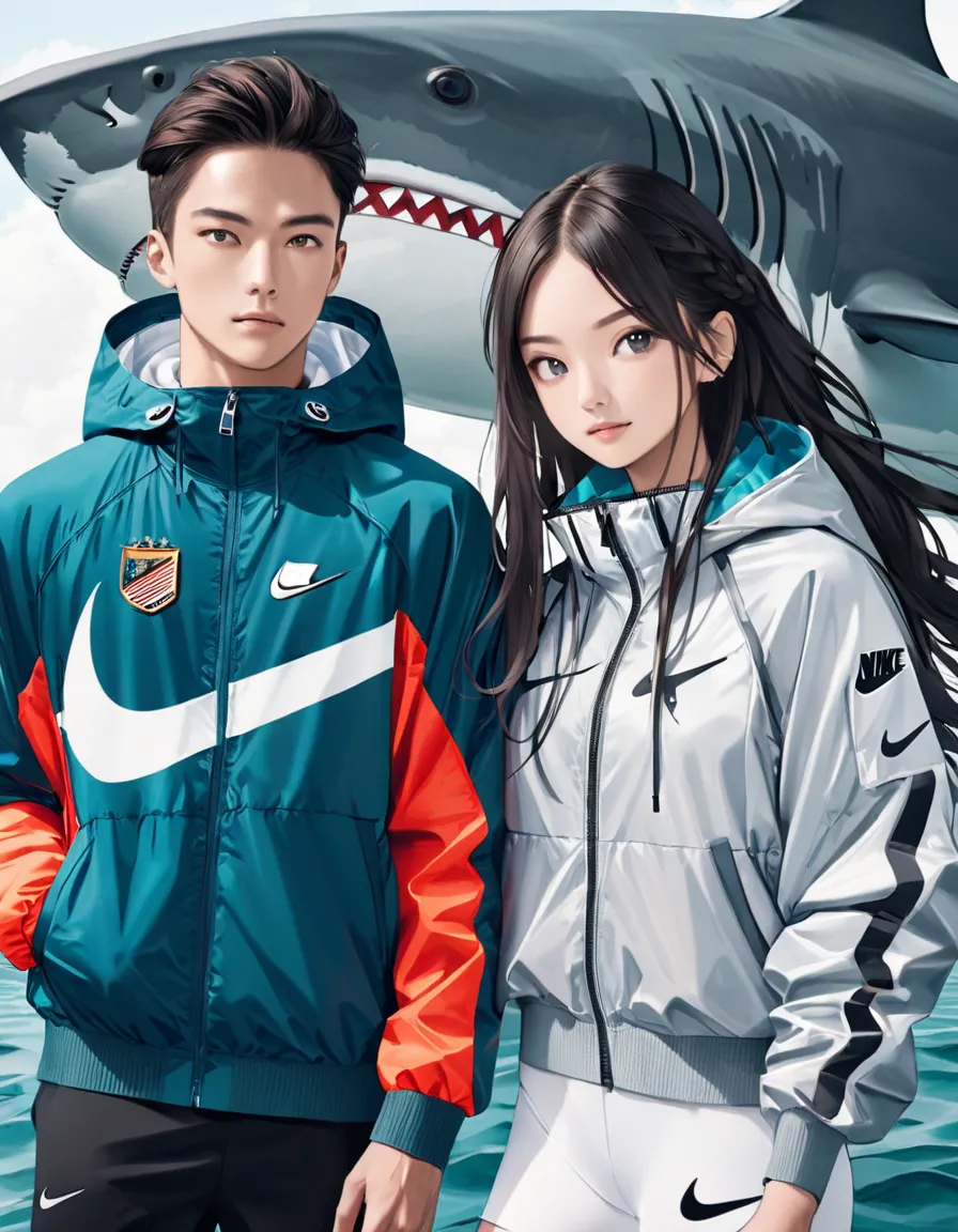 Nike jackets worn by sharks and female and male models 