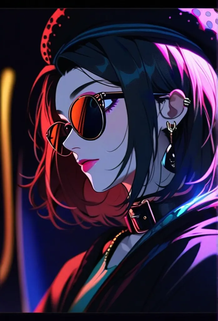 score_9, score_8_arriba, score_7_arriba, face close up , Alternative girl, looking over black sunglasses,  jacket, collar,  neon light reflections on the skin, ear ring, make up,  skin imperfection, short hair, beret,  Neon background lights , Luz outfit, ...