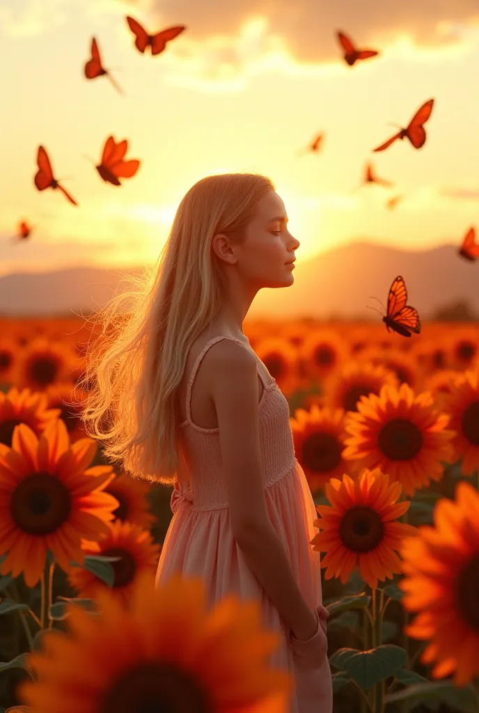 "A photorealistic, surreal, and award-winning portrait of a young, beautiful girl with long, flowing blonde hair, wearing a delicate, flowing peach-colored dress with sheer layers, standing gracefully in a vibrant field of oversized red sunflowers at sunse...