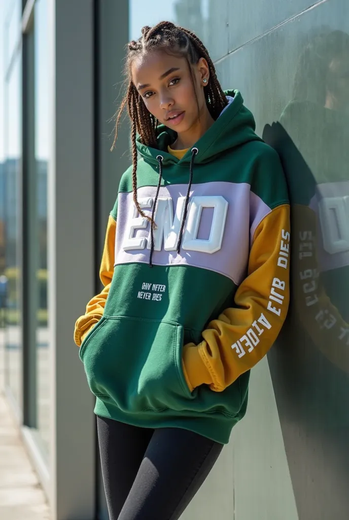 Ultra-detailed 4K promotional image of a premium oversized hoodie in deep emerald green, designed with a structured contrast of crisp white, pastel lilac, and mustard yellow geometric blocks. The word 'END' is positioned front and center in large, embossed...