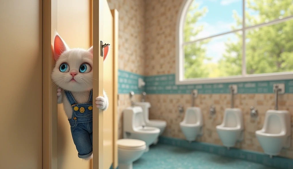 A highly detailed 3D-rendered scene featuring an adorable anthropomorphic white cat with large, bright blue eyes inside a public restroom. The cat is wearing blue denim overalls with yellow buttons and has a playful, mischievous expression. It is clinging ...