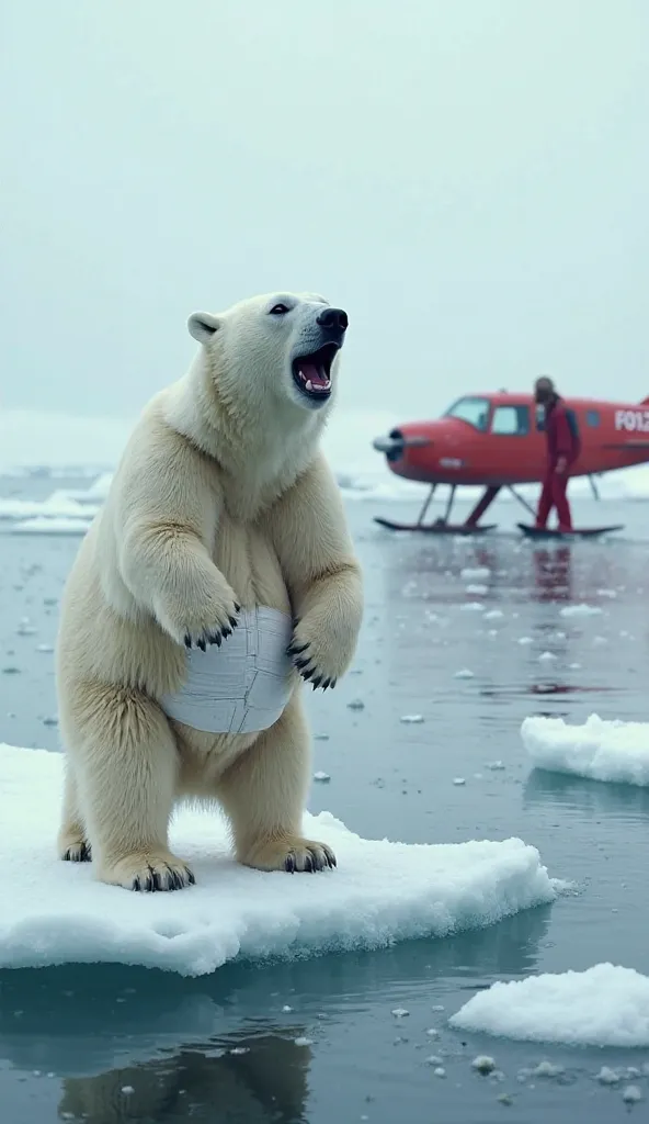 Surrounded by ice, in the middle of the sea, a polar bear is standing on the ice. Its belly is wrapped with a white bandage, and it is crying out in pain. In the background, a small red plane is visible. A woman in a red outfit is sitting inside the plane,...