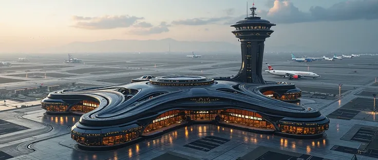 (photorealism:1.2), exterior aerial view of an advanced international airport, marvelous architecture, lots of glass, massive darker neo-modern aesthetic, a touch of neon orange, there is dark grey, advanced technology, multi-story, adamantite stone buildi...