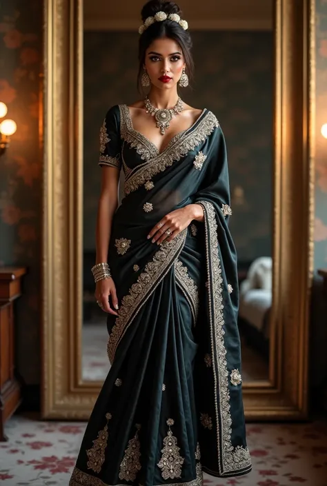 

"Create an ultra-detailed, high-resolution full body portrait of a beautifully stunning woman with amazing silhouettes standing in a royal bedroom with large mirror she is dressed in a luxurious, deep red velvet saree. The saree is rich and opulent, with...