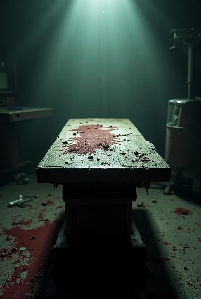 (An old surgical table covered in dried blood)