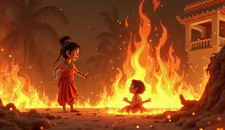 A cinematic 3D cartoon-style scene depicting the shocking realization of Holika’s failed boon. Holika, engulfed in roaring flames, looks terrified as she realizes her fire immunity is no longer working. Her outstretched hands begin to turn to ash while fie...