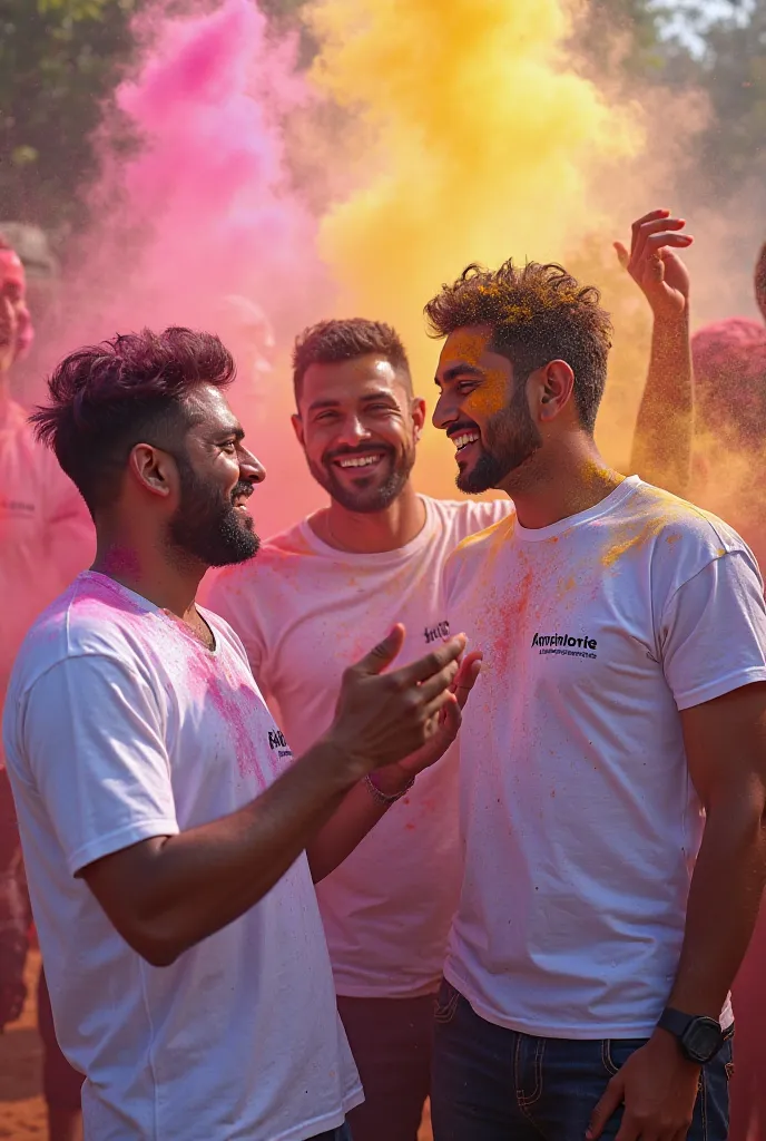 Male members of ARS decoration group are playing Holi with each other in white t-shirt on that t-shirt is written their decoration name "ARS DECORATION "