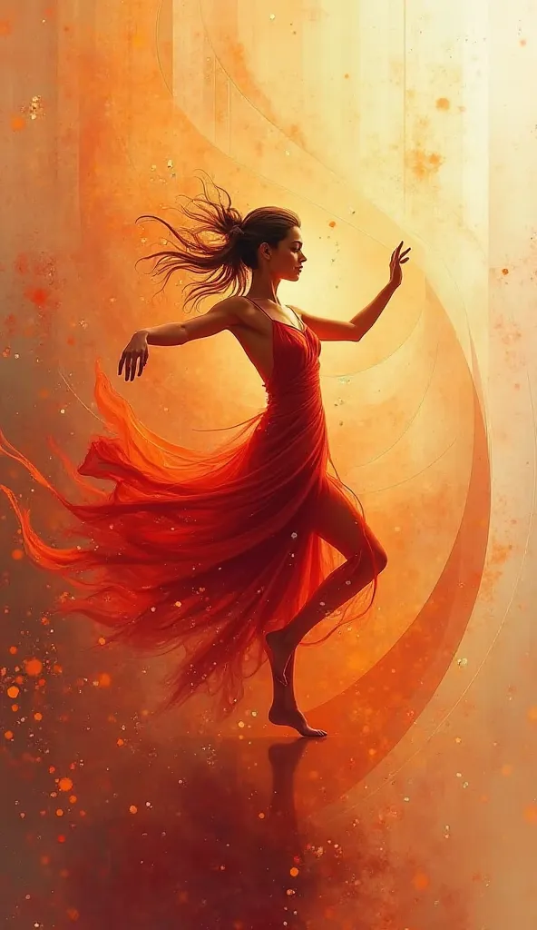 An abstract image of a person dancing with graceful and fluid movements. The background is a mixture of geometric shapes and curves that seem to move in harmony with the person. The predominant colors are orange and red, with bands of light and shadows tha...