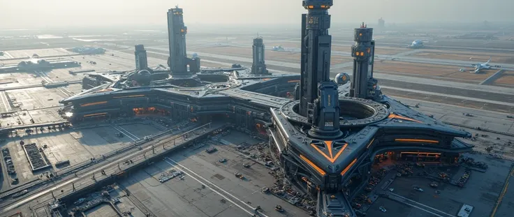 (photorealism:1.2), exterior aerial view of an advanced international airport, marvelous architecture, lots of glass, massive darker neo-modern aesthetic, a touch of neon orange, there is dark grey, advanced technology, multi-story, adamantite stone buildi...