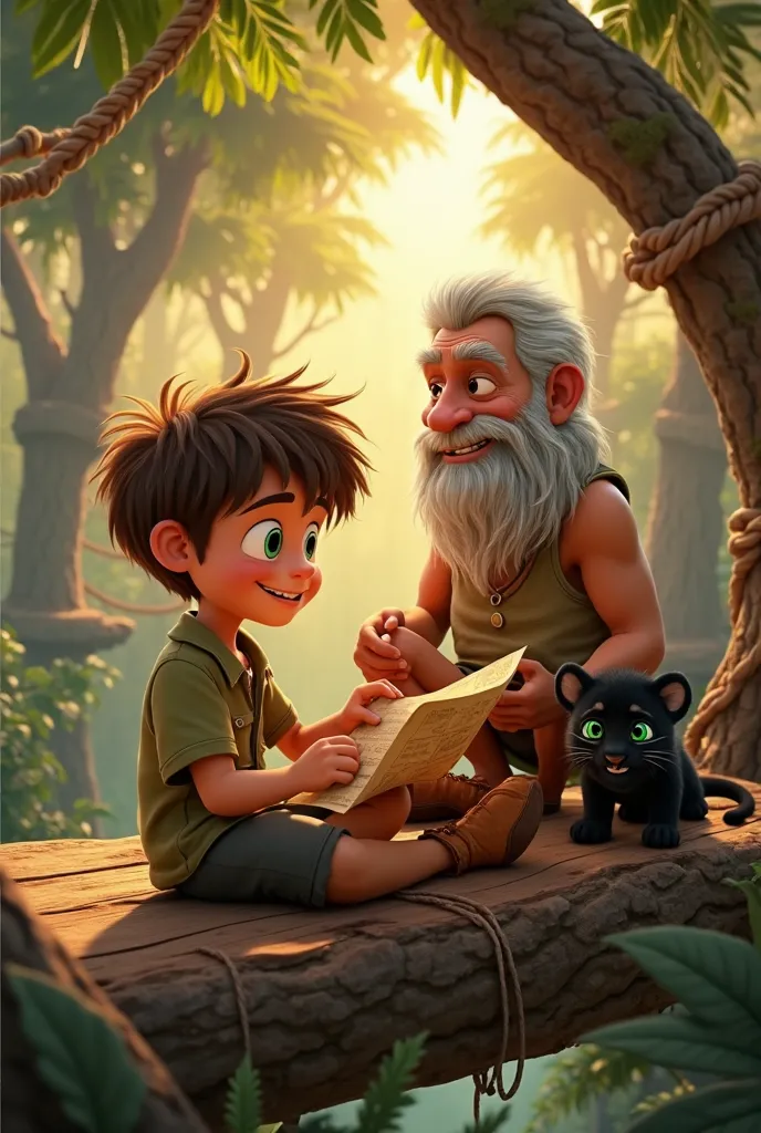 A young boy (Milo) with tousled brown hair and bright green eyes sits in a wooden treehouse, studying an old map. A wise old man (Grandpa) with silver hair and a warm smile stands nearby, watching him. A small black jaguar cub (Zuri) stretches beside them....