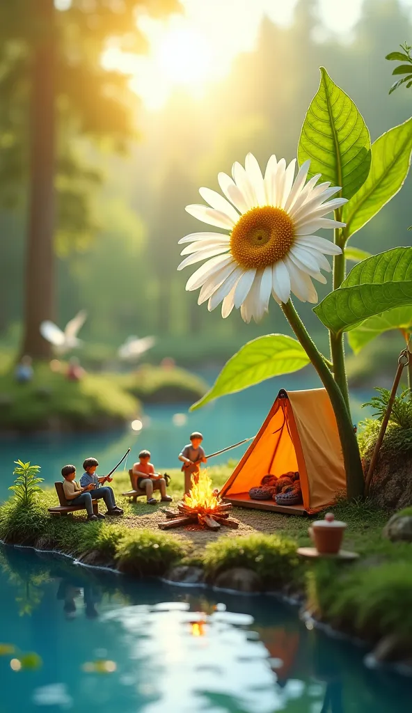 "A miniature camping scene set beside a clear blue river, where tiny tents made of large leaves are pitched under the shade of a giant daisy. Tiny people are seen fishing with tiny rods, cooking food over a small fire made from matchsticks, and enjoying th...