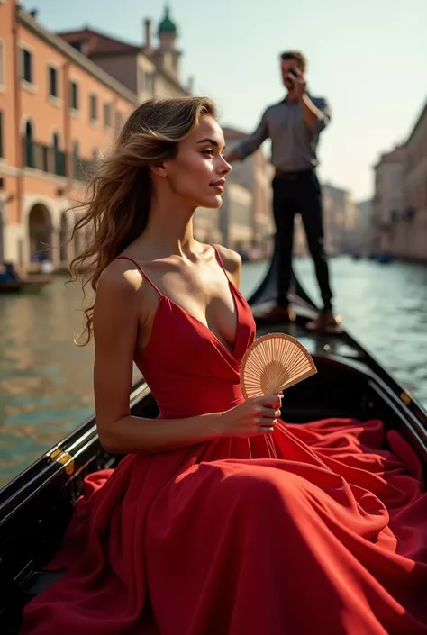 "She is in a gondola, gliding gently through the canals of Venice, with the historic buildings reflecting in the calm water. The model wears a long, flowing dress, in shades of intense red, that contrasts with the soft landscape of the city.  her hair is l...