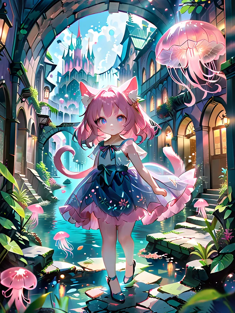 anime-style illustration of a beautiful girl with expressive eyes and highly detailed hair, 
detailed background of a fantasy city, but slightly blurred to emphasize the character, pastel color, 1 cat girl, (pink bob hair), (cat ears), (violet eyes), chiff...