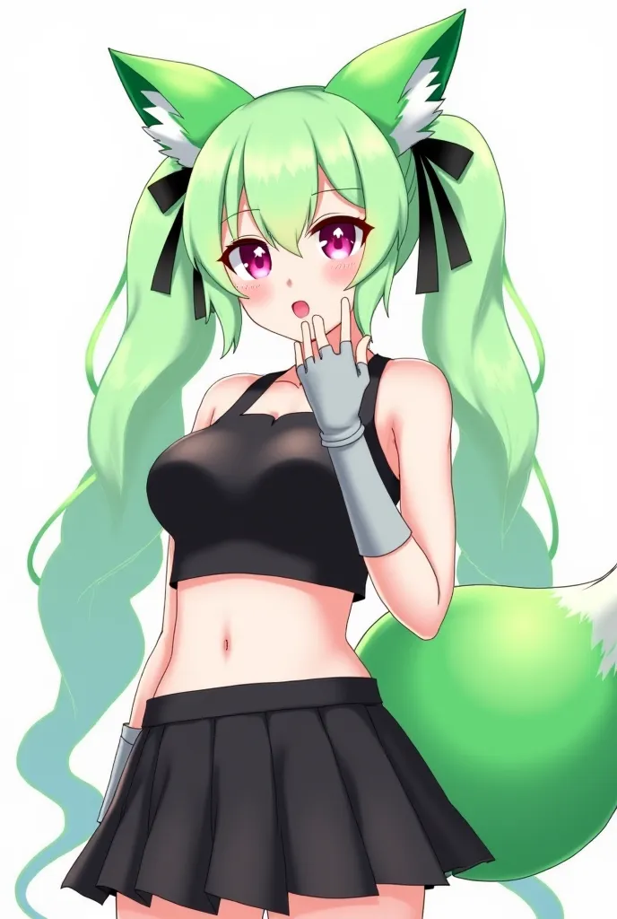 Long light green hair in two ponytails, has green fox ears and green tail, hot pink eyes with a white star pupil, skin revealing, grey fingerless gloves, black skirt, black crop top, big boobs, pure white skin